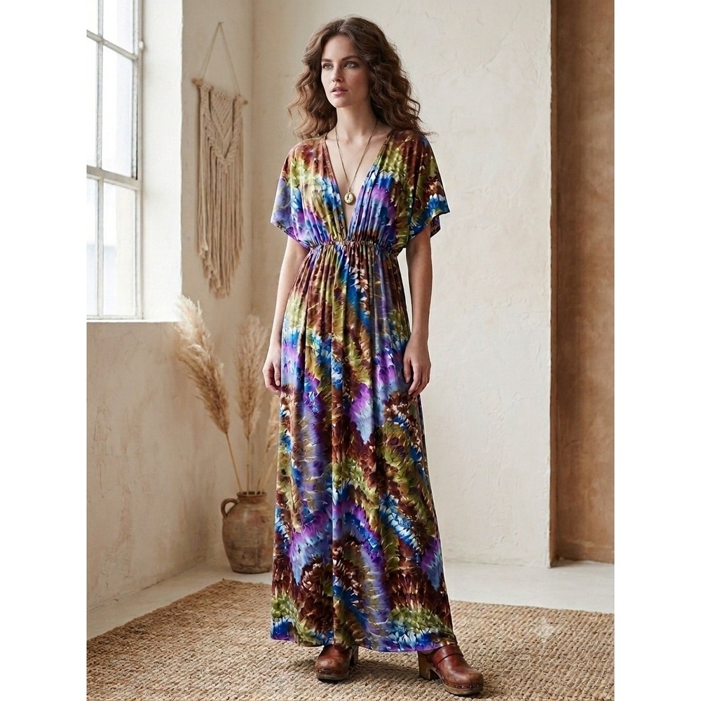 Bohemian Fairy Grunge 70s Feather Print Colorful Tie Dye Empire  V neck Dress M
